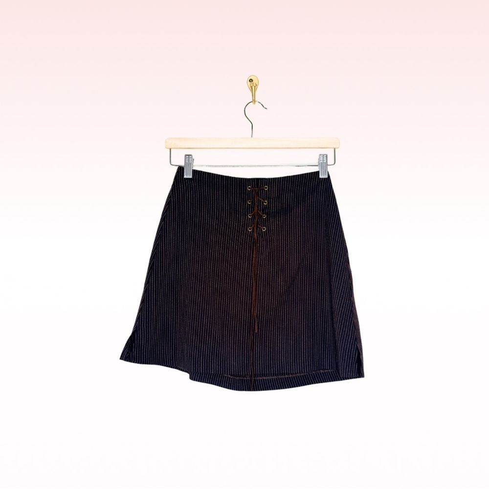 Y2k EXACT CHANGE Brown Pinstripe Lace Up Miniskirt (Sz 3)